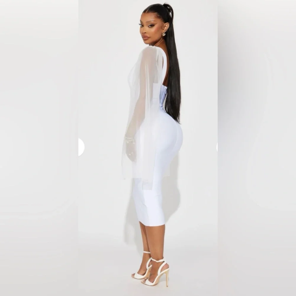 Chic White Midi Dress with Sheer Cape! - Picture 4 of 9